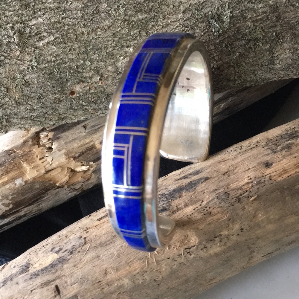 Vintage Navajo Native American Inlay Lapis Bracelet by Wilbur Yazzie - Picture 3 of 14